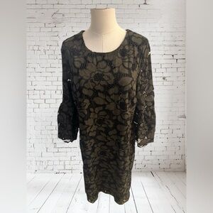 Alfani Black Olive Lace Midi Dress Sz 12 NWT | Bell Sleeve Elegant Style